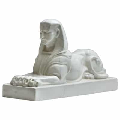 A white antique French porcelain sphinx figurine with a black mark on its reverse side, 20th century style.