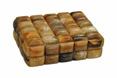 Large decorative box with removable top, featuring a pattern of brown and black stripes, displayed against a white background.