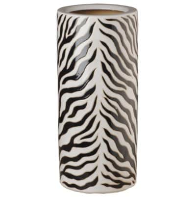 Ceramic umbrella stand with zebra pattern finish, decorative piece in accessory category.