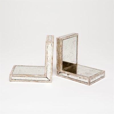 Antiqued mirror bookends, a set of two, displaying a vintage aesthetic with their distressed finish on a white background.