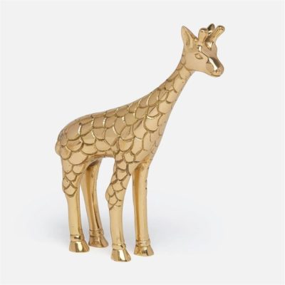 The image features a small shiny gold giraffe figurine with intricate detailing It stands upright on four legs and has a long