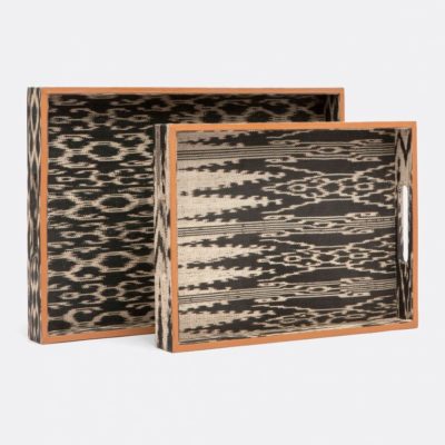 Two woven Nova tribal trays one large and one small displayed against a white background The larger tray features a black and
