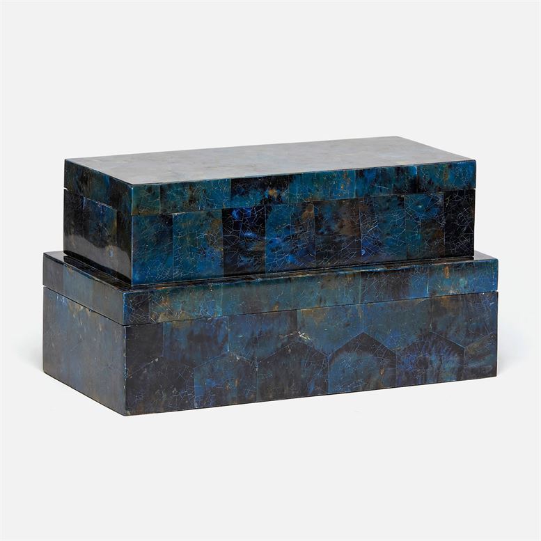 Dark blue cracked penshell box with a square top and bottom, set against a white background.