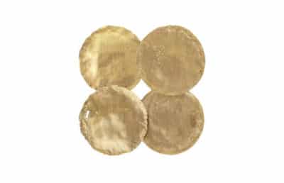 Gold disc wall decor in a staggered design featuring four depths 1 2 3 and 4 Each piece has a different depth