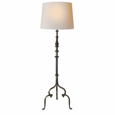 A sturdy French style iron floor lamp with an elegant linen shade.