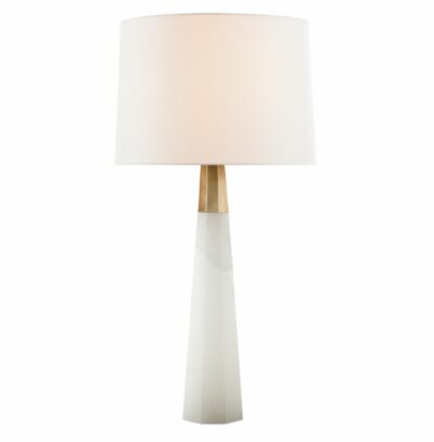 A modern table lamp with a white shade and brass base.