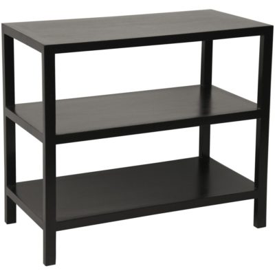 Black three-tier side table, handcrafted with a distressed finish, available in black or white.