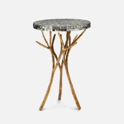 A close-up of the Bramble Branch Side Table with a black mother of pearl top and a gold base showcasing its intricate