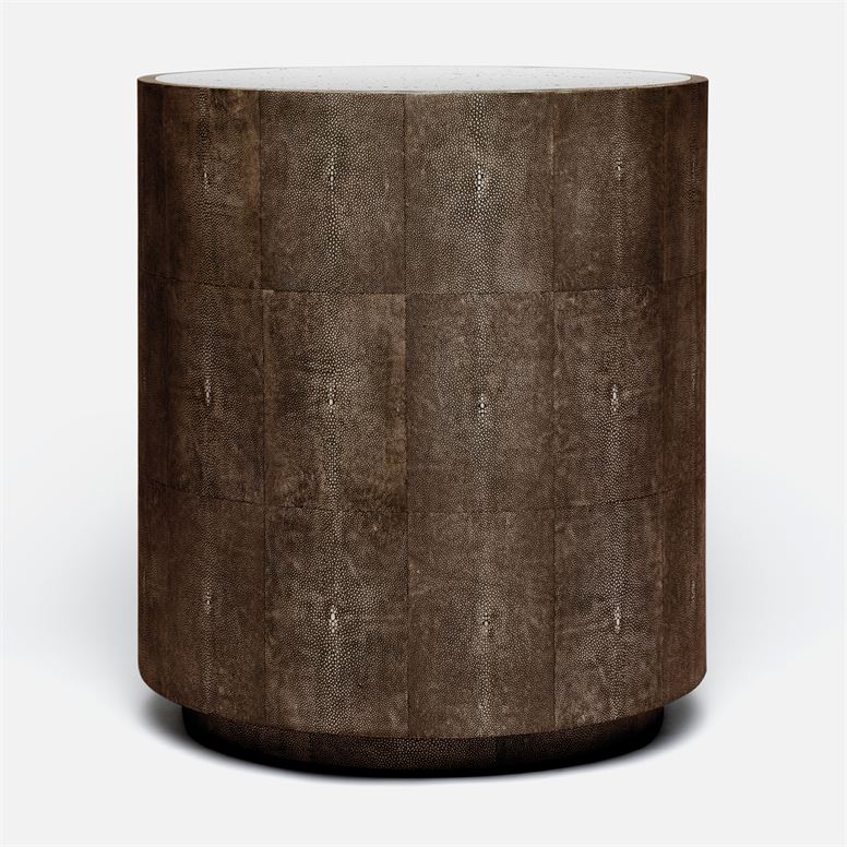 A modern, round, faux shagreen side table with a mirrored top, offering a luxurious and elegant look.