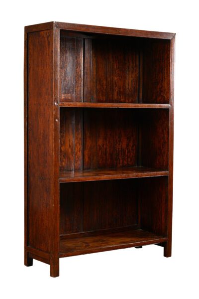 Antique Chinese lacquered bookcase, three shelves, dark wood finish. Circa 1930, Shanxi region.