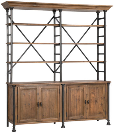 Long metal open frame bookcase with wood crown and shelves, lower cabinetry featuring four doors
