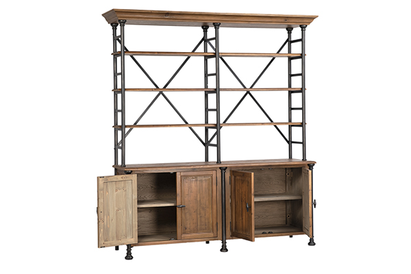 Metal and wood bookshelf with multiple shelves and storage compartments