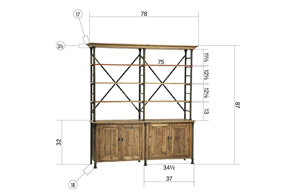 A tall, wooden bookcase with a metal frame and four doors, showcasing its sturdy design and spacious storage options.