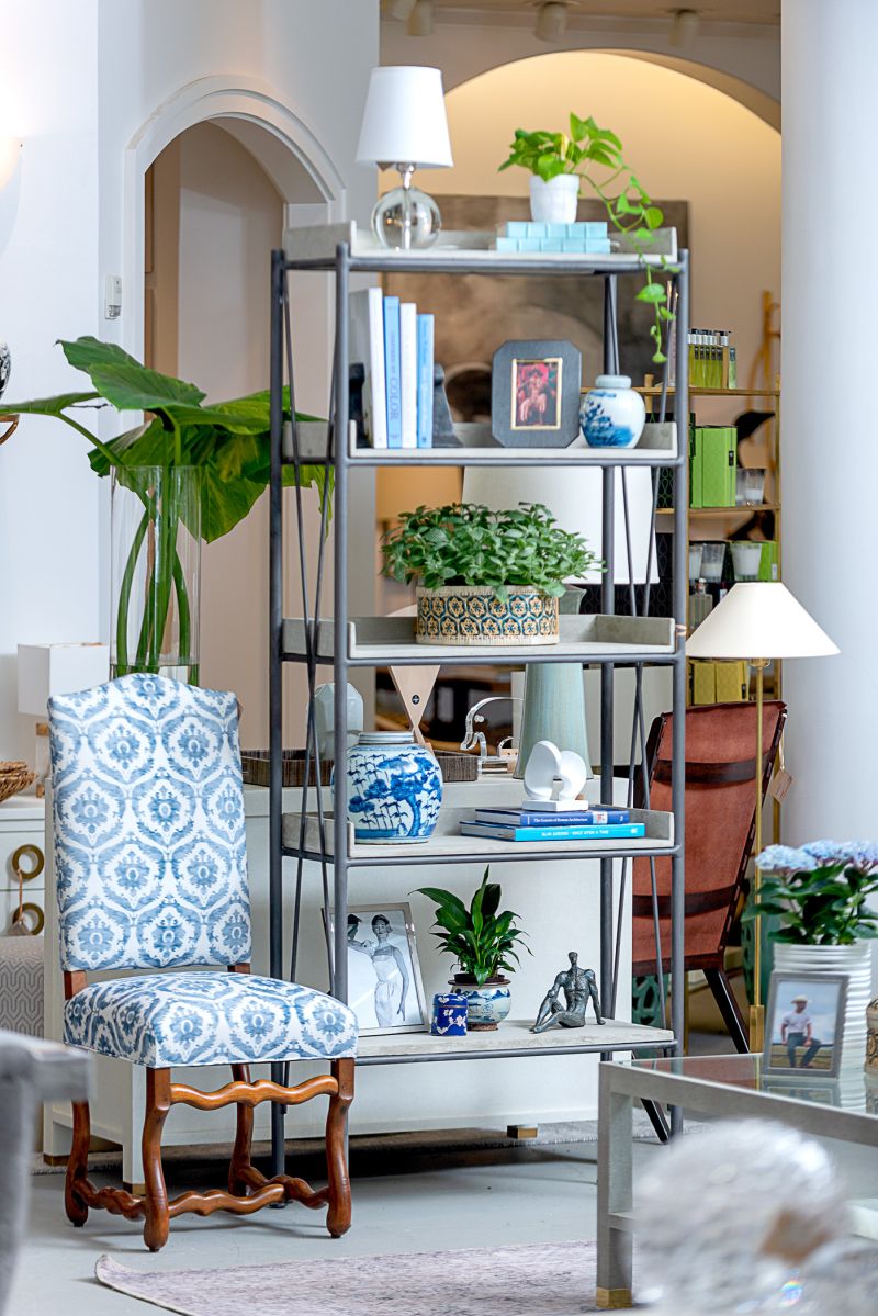 Outdoor concrete and metal etagere with four shelves and four compartments suitable for indoor or outdoor use handcrafted may show slight variation
