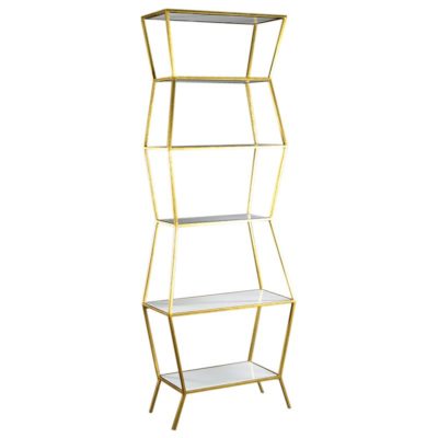 A gold-framed, tiered bookshelf with a metal base, available in antiqued gold and silver finishes, and black or white resin shelf frames.