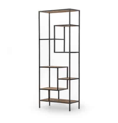 Small, multi-level bookcase with dark antiqued wood shelves and a waxed black iron frame.