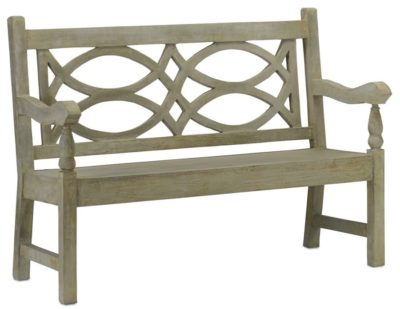 A vintage-style concrete bench with intricate metal detailing, set against a white background.