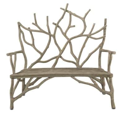 Small branch faux bois bench with unusual branching back and stretcher.
