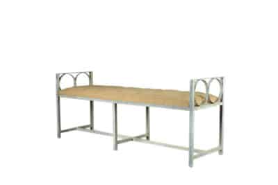 Aged Rustic Metal Circle Arm Bench with Burlap Upholstered Seat