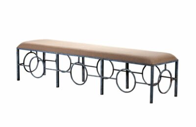 Extra long circle bench with upholstered seat and metal frame in rustic finish.