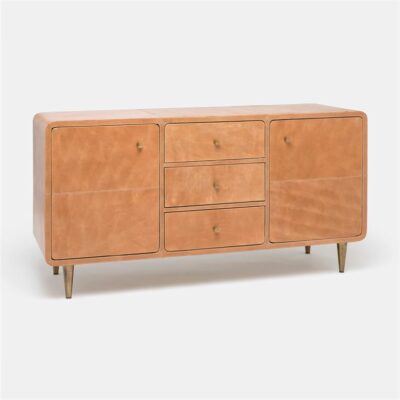 Aged camel leather buffet with polished tapered legs and three self-closing drawers, two interior compartments without shelving.