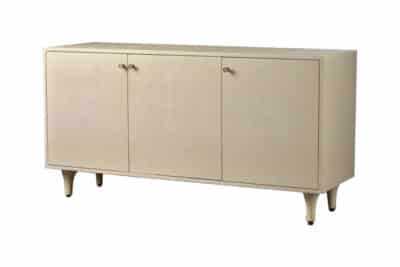 Side view of off-white Franco Faux Raffia buffet with three doors and cutouts for media components, available in various sizes and colors.