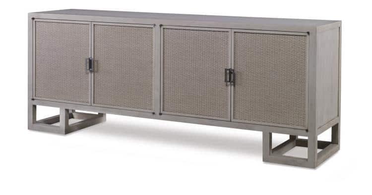 Four door woven cane buffet with interior shelves and wine storage pewter finish low Asian style no custom sizes available tip restraint