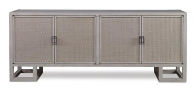 Woven cane four door buffet with interior shelves and wine storage pewter finish low Asian inspired design hardwear no custom sizes available