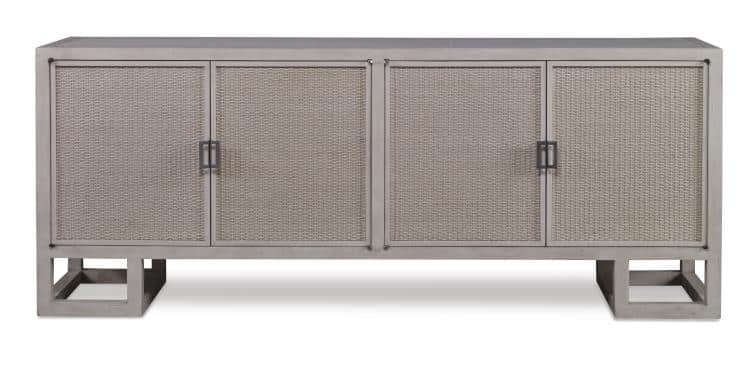 Woven cane four door buffet with interior shelves and wine storage pewter finish low Asian inspired design hardwear no custom sizes available