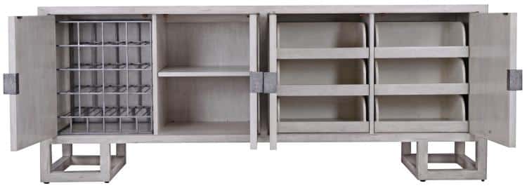 Woven cane four door buffet with interior shelves and wine storage pewter finish no custom sizes available tip restraint included behind left