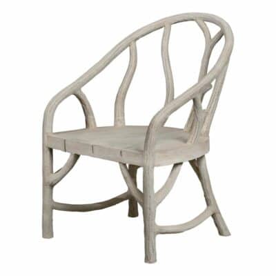 Faux bois concrete chair with natural hairline cracks in the concrete and color variations showcasing its unique design.