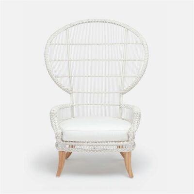 Rattan outdoor chair with teak legs and white cushion, featuring intricate back design
