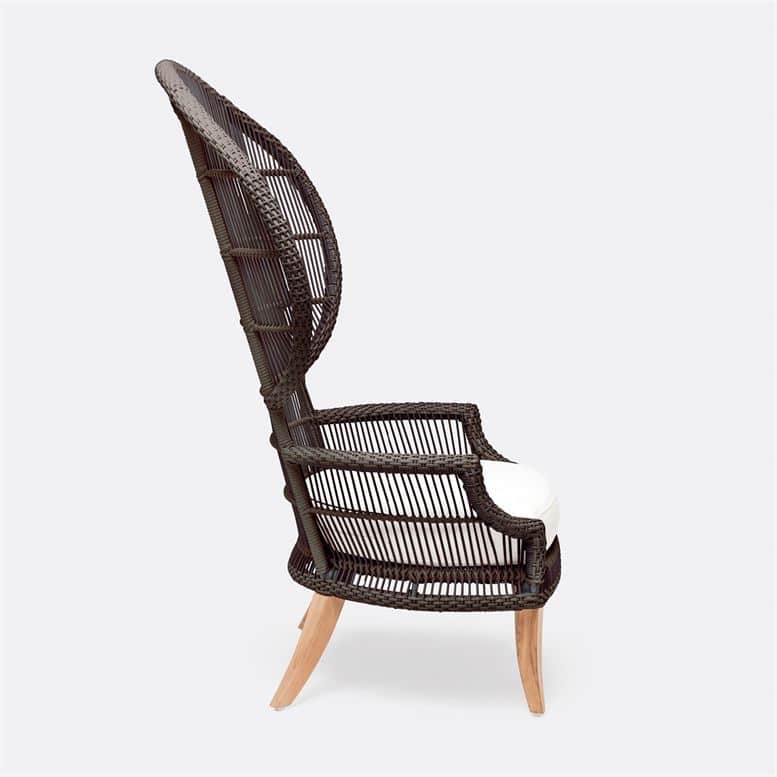 Elizabethan Outdoor Chair with brown rattan and teak legs, featuring sunbrella seat cushion.