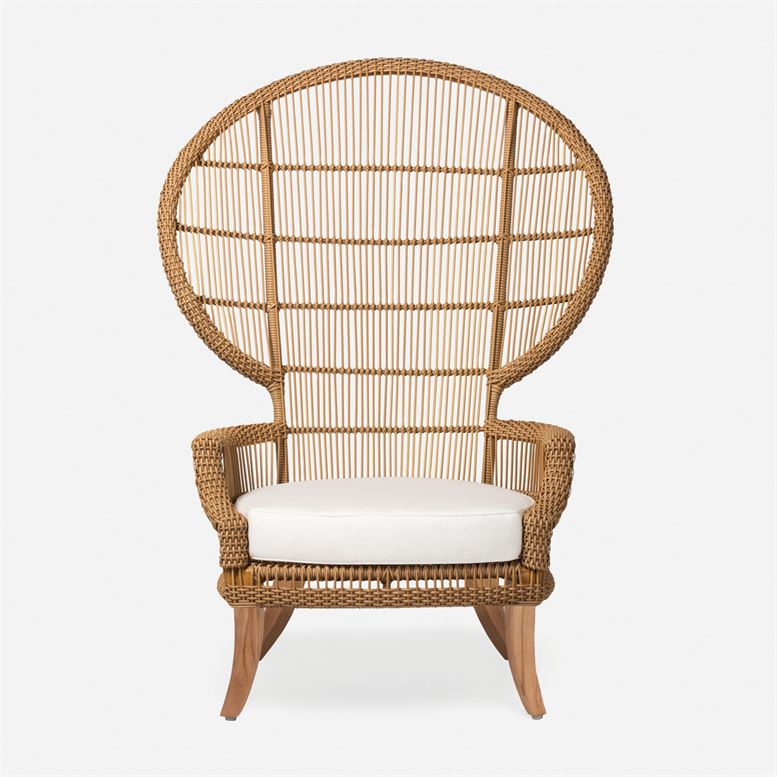 Rustic wicker chair with teak legs and sunbrella seat pillow, available in brown rattan, aged natural rattan, and white cushion.