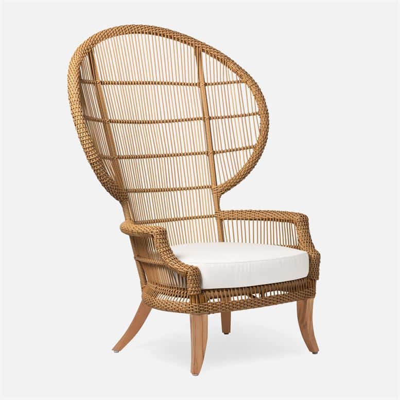 Synthetic rattan outdoor chair with teak legs and sunbrella seat cushion.