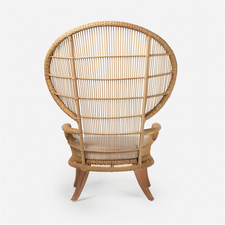 The image features an Elizabethan Outdoor Chair showcasing its sturdy wooden structure and woven seat The chair is available in brown aged