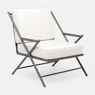 A large comfortable outdoor lounge chair with a white Alsek high performance fabric seat and backrest The chair has an ash gray