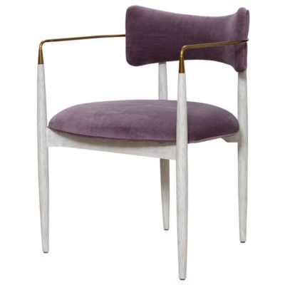 Purple velvet upholstered chair with thin metal frame, curved backrest and arms, and antiqued brass details against a white background
