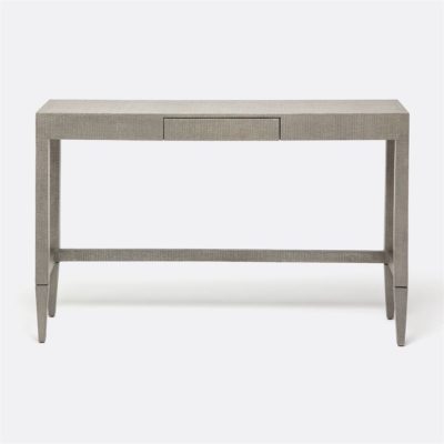 The image displays a modern console table with a sleek design featuring a gray woven texture finish on its surface and legs