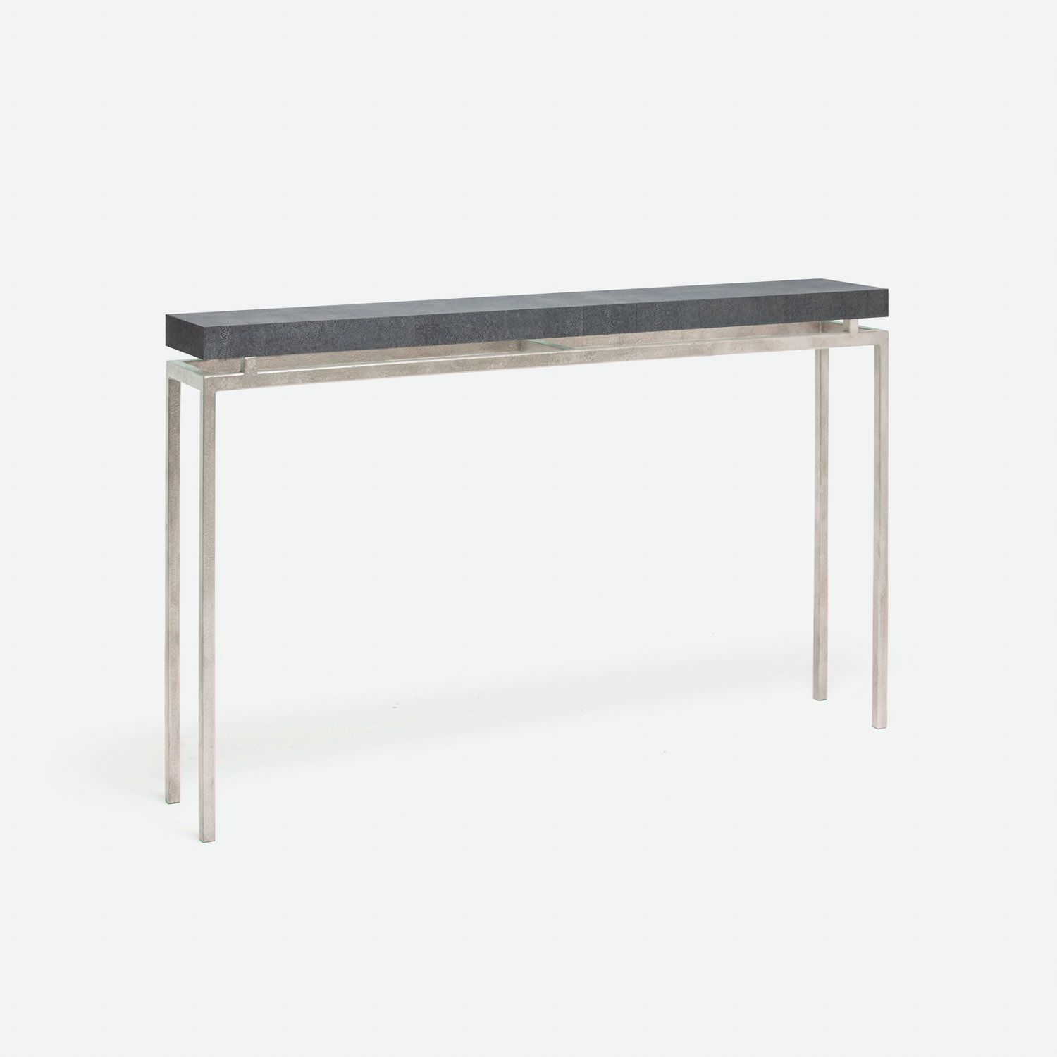 Small, modern console table with black legs and a white top in a clean lined design.