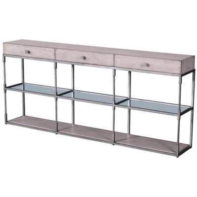 Metal and glass console with three drawers, two open shelves in the center, and a simple iron frame.
