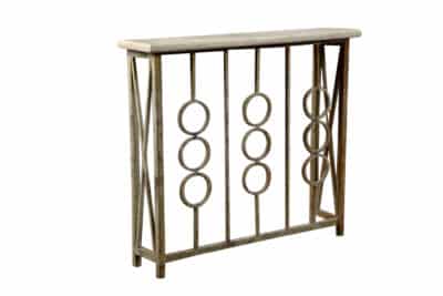 Tamara Console in Ocean Finish Iron and Light Travertine Top with Rusty Whitewash Frame.