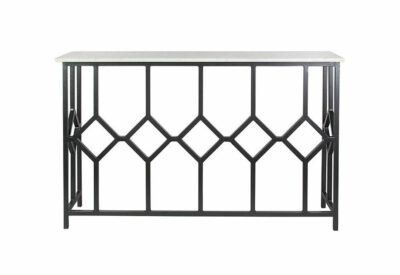 Leona Console with marble top and black base, featuring metal frame with rustic white wash finish.