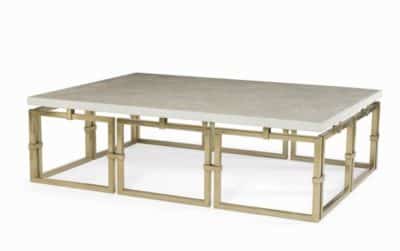 Inlaid crystal top coffee table with brass interlocking base, available in scagliola and steel options as well as a side table.