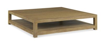 Large square coffee table with bottom shelf crafted from oak and aggressively cerused for a casual aged look with a light finish