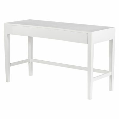 Pristine white desk with faux raffia texture, concave front design, and single drawer in view.