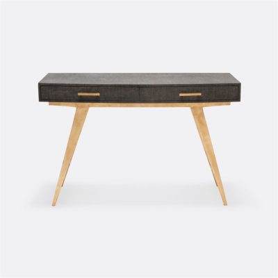 Sleek and modern faux linen desk with gold leafed metal frame and hardware, showcasing a dark mushroom finish.