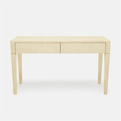 Clean-lined Parsons style desk with two drawers and a pristine finish in faux shagreen.