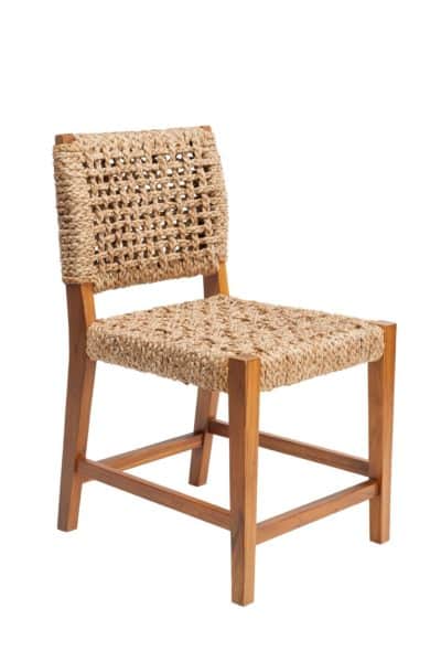 A wooden chair with a braided rope seat and backrest, featuring a light teak finish.