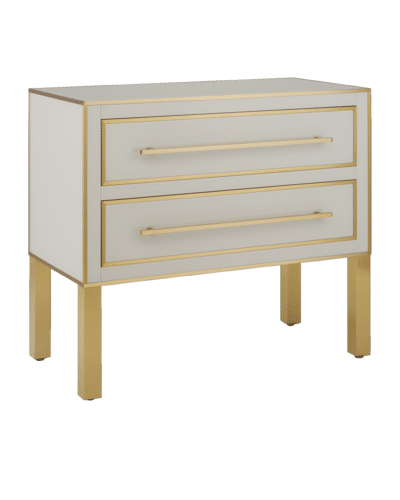 Close-up of Aimee Painted Glass Dresser with satin brass trim, showcasing its elegant ivory finish.